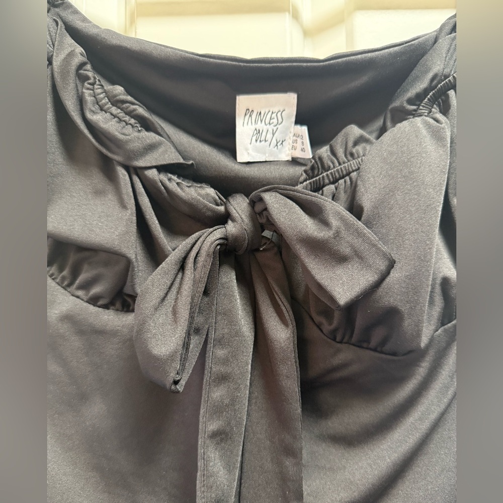 Princess Polly Shirt Womens 8 Black Off Shoulder Bodysuit Sweetheart Tie-Front - Picture 7 of 8
